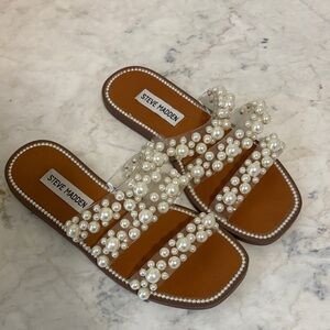 Gently Used Steve Madden Pearl Adorned Brown Sandals